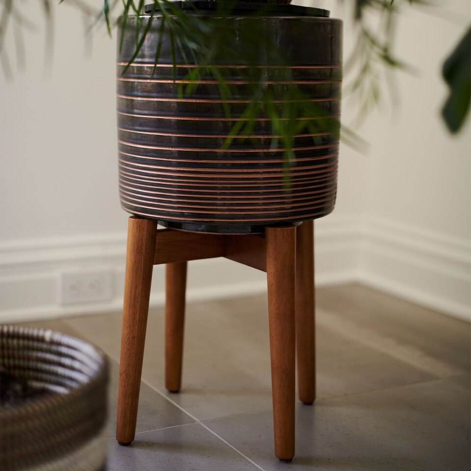 Mid Century Turned Wood Leg Planter Black & Gold West Elm Australia